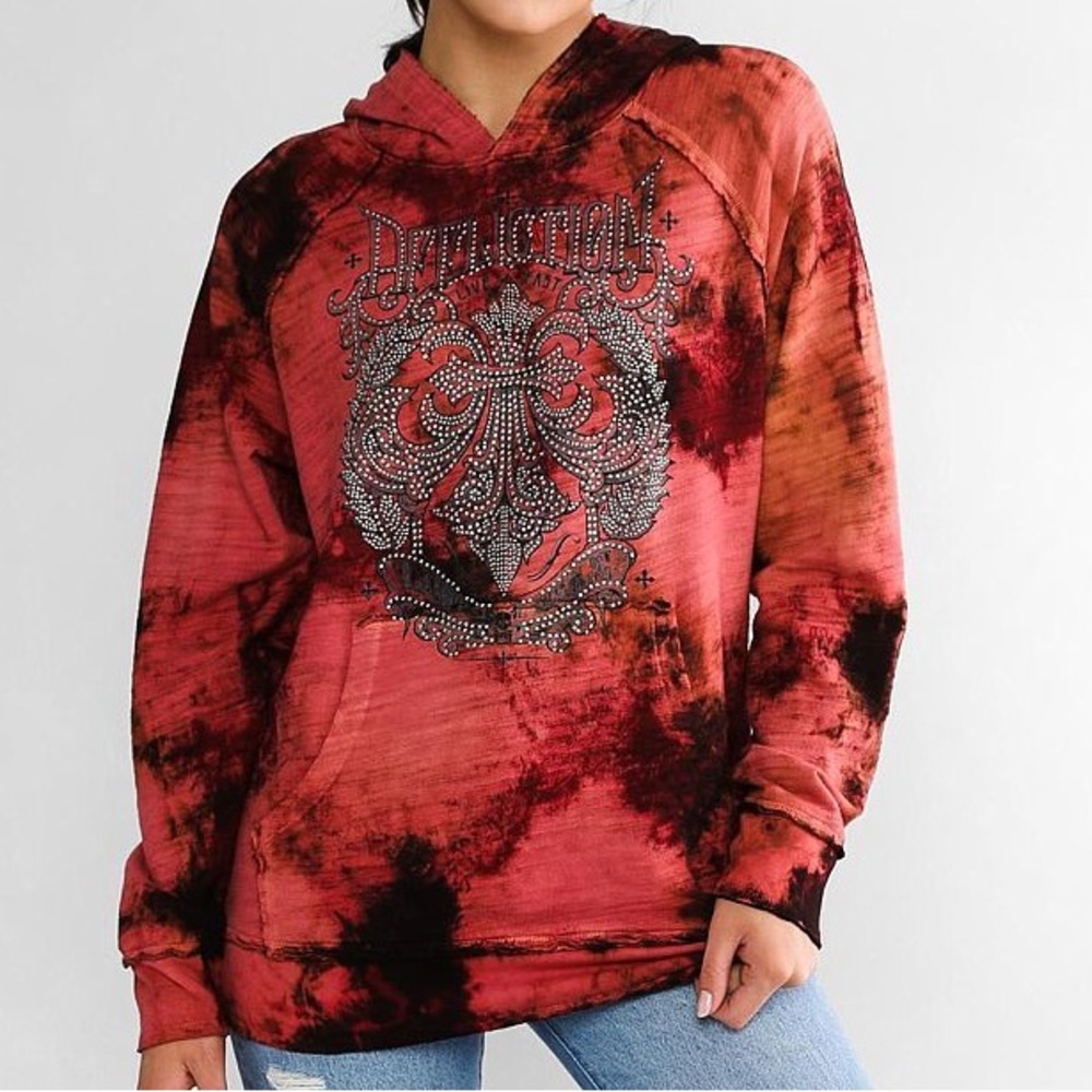 Affliction Woman’s Small Rhinestone Red Tie-Dye Ripped Hoodie Grunge Goth